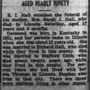 Death of Sarah Jane Hall, Wife of Stafford Cobb